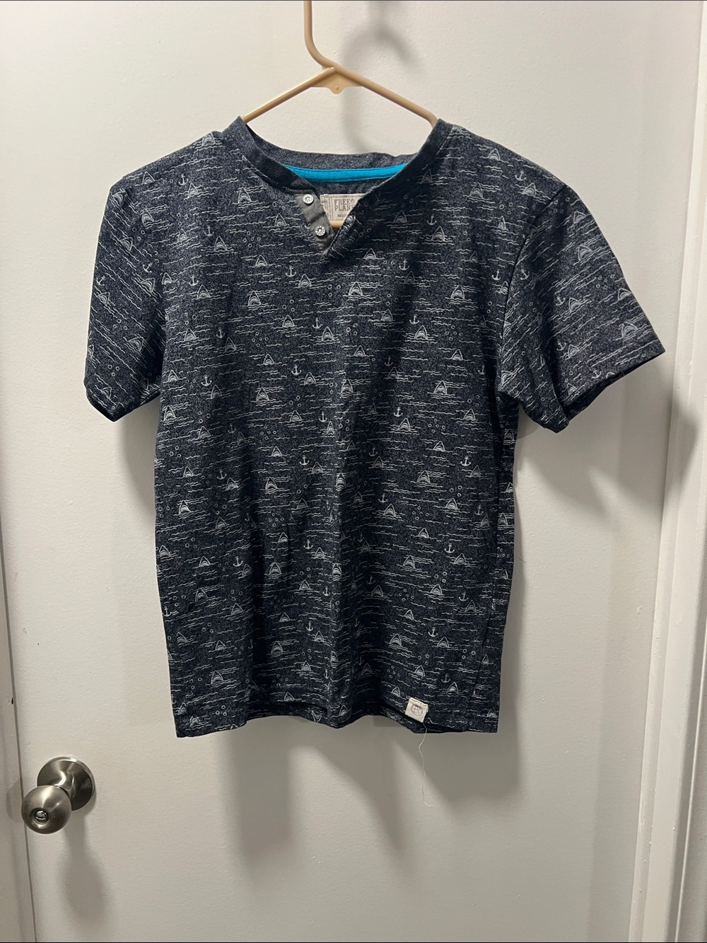 Free Planet Navy Blue Short-Sleeve Henley Tee with White Nautical Print